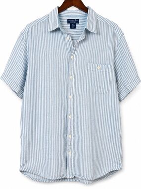Caribbean Joe Men’s 100% Linen Striped Short Sleeve Shirt XL Blue White